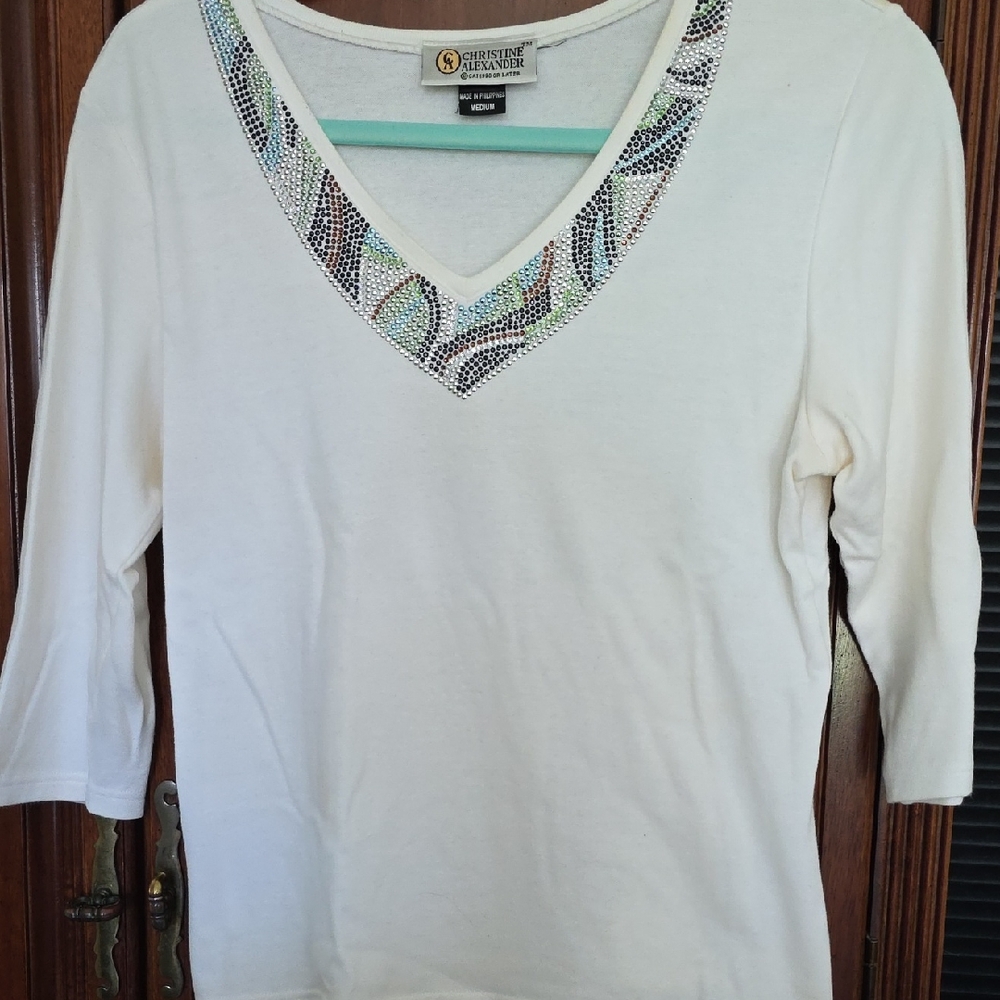 Christine Alexander Cream Embellished V-Neck Blouse